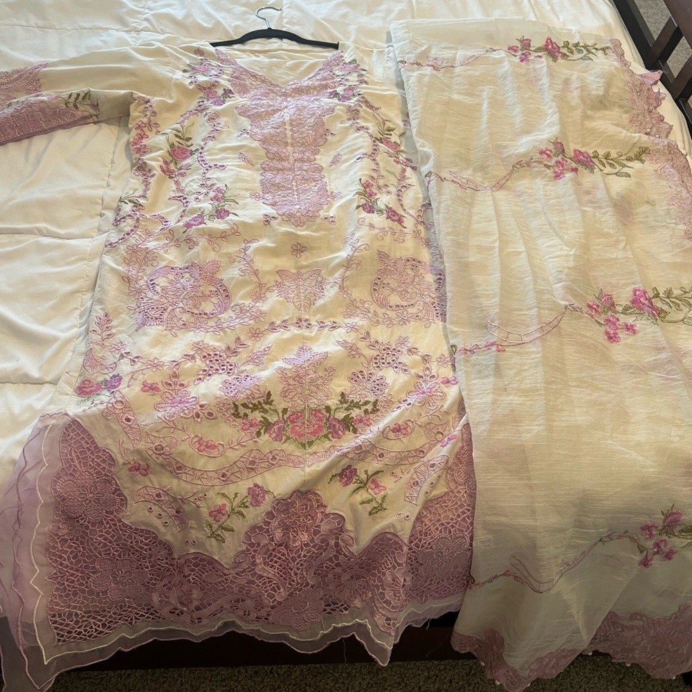 Elan Cream and Lavender Embroidered Women Kurta Bottoms Set